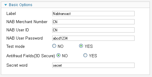 NAB Transact config screen