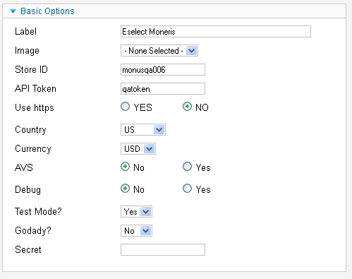 eSelect moneris direct config screen